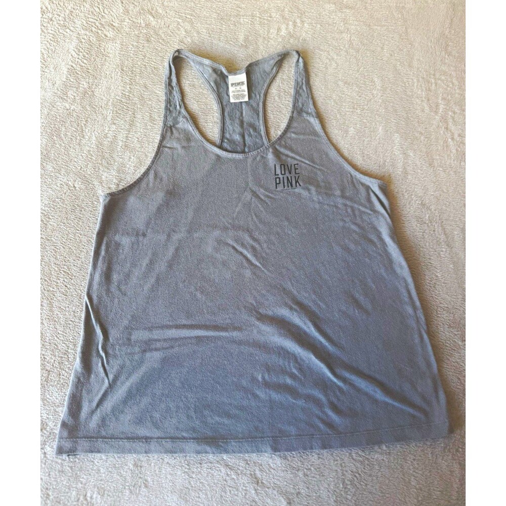 PINK Victoria's Secret Women's Grey Racerback Tank Top with lace back